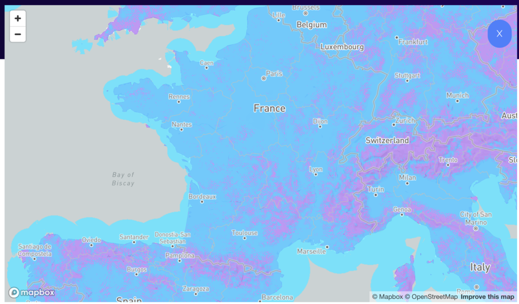 La couverture du réseau SigFox (les zones violettes ne sont pas encore couvertes).